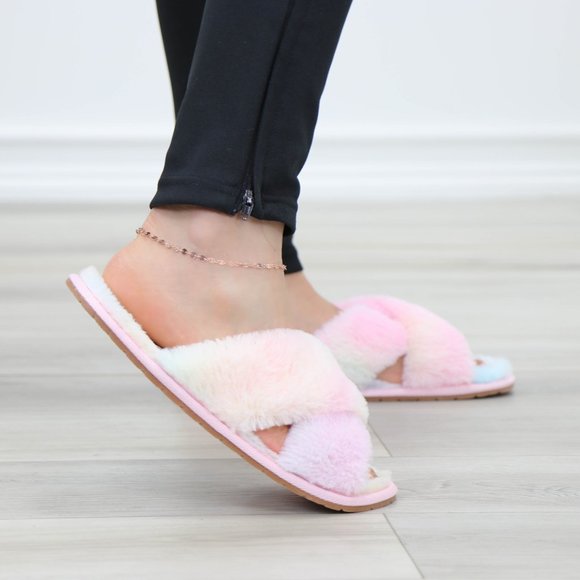 Tie Dye Fuzzy Plush Criss Cross Sandal Sliders - Picture 6 of 16